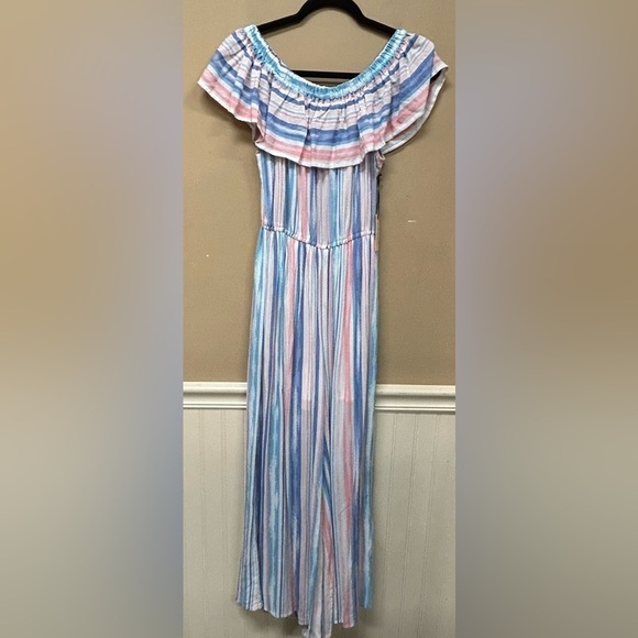 Liberty Love Pastel Rainbow Stripe Off Shoulder Ruffle Front Jumpsuit Size M NWT - Picture 1 of 6